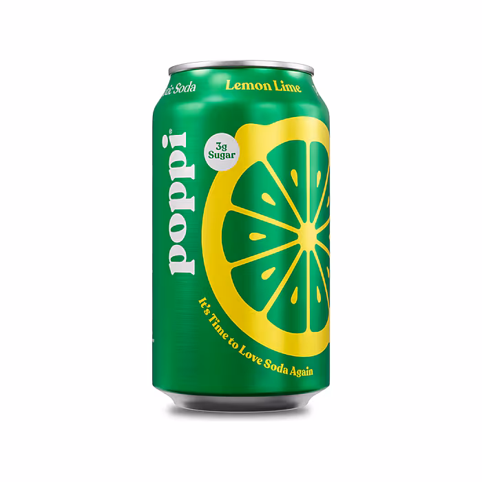 12 fluid ounce can of Poppi prebiotic soda in a green can, lemon lime flavor. Includes 3 grams of sugar.